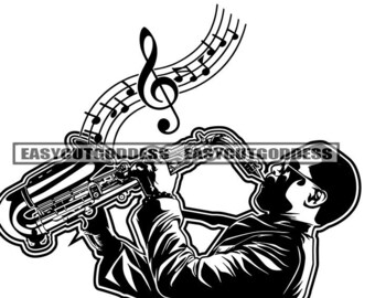 May include: Black and white silhouette of a person playing a saxophone with musical notes in the background.