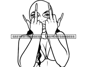 Ghetto Gangster Mujer Retrato con máscara de esquí Dedo medio Lengua Fuera Jefe ladrón Dama Dope Chica SVG PNG JPG Diseños vectoriales Cortar archivos