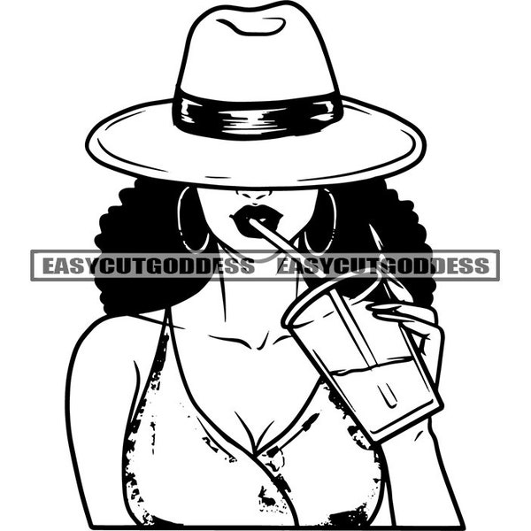 Melanin Woman Portrait Wearing Big Hat Covering Face Drinking Ice Coffee Cup Hoops Earrings Elegant SVG PNG JPG Vector Designs Cutting Files