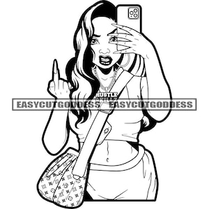 Ghetto Melanin Woman Middle Finger Long Hair Cool Purse Long Nails Mean Face Expression Trending Nubian SVG PNG JPG Vector Designs Cut Files