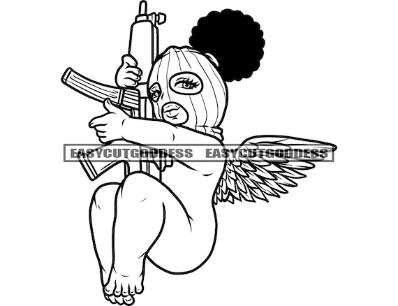 Black Baby Girl Gangster Angel Carrying Riffle Gun Afro Puff - Etsy