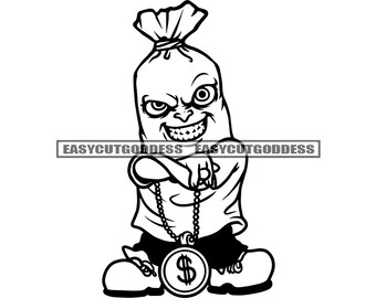 Sac d’argent Tête Homme Personnage de dessin animé Se vantant Big Gold Chain Sarcastique Sourire Baggi Vêtements Dope Man SVG PNG JPG Vector Designs Fichiers de coupe