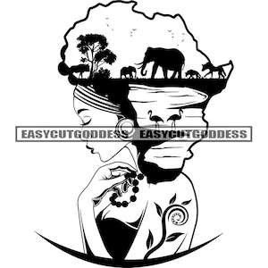 African Woman Safari Hair Africa Continent Wild Animals Tattoo Elephant African American Nubian SVG PNG JPG Vector Designs Cutting Files
