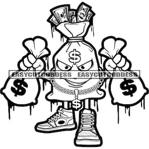 Bolsa de dinero Cartoon Character Bag Full Cash Hustler Dripping Grind Hustle Man Bank Sarcastic Evil Smile SVG PNG JPG Vector Design Cut Files