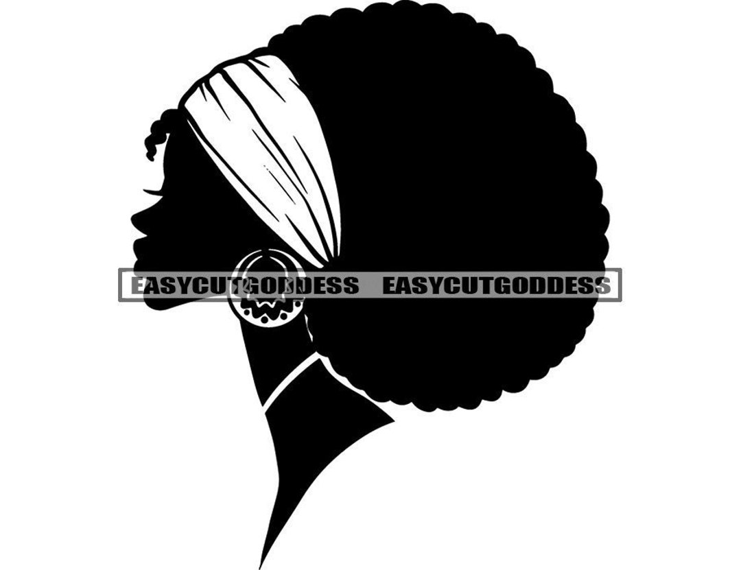 Black Woman Head Silhouette Turban Afro Hair Hoop Earrings Portrait ...