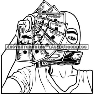 Gangster Woman Ski Mask Burglar Showing Off Money Cash Ghetto Street Girl Hustler Grind Bank Bragging SVG PNG JPG Vector Designs Cut Files
