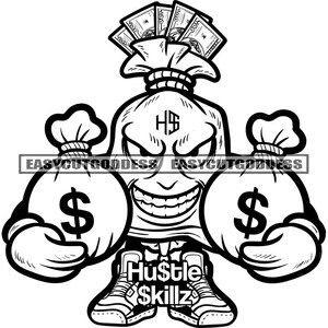 Saco de dinheiro Personagem de desenho animado Saco de transporte Cheio de dinheiro Hustler Grind Hustle Skills Bank Sarcástico Evil Smile SVG PNG JPG Vector Design Cut Files