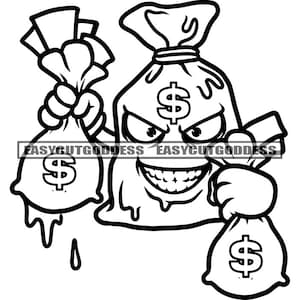 Saco de dinheiro Homem Personagem de desenho animado Sacos de dinheiro pingando dinheiro Cifrão Hustler Grind Sarcástico Sorriso maligno SVG PNG JPG Desenhos vetoriais Arquivos cortados