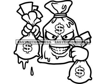 Money Bag Man Cartoon Character Money Bags Dripping Cash Dollar Sign Hustler Grind Sarcastic Evil Smile SVG PNG JPG Vector Designs Cut Files