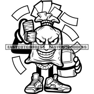 Money Bag Character Sarcastic Smile Cash Money Stacks Hustler Hustling Street Gangster Gangsta Mafia SVG PNG JPG Vector Design Cut Files