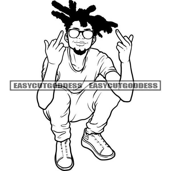 Gangster Man African American Dreadlocks Locs Hair Male Beard Street Ghetto Dope Hip Hop Rap Squatting SVG PNG JPG Vector Designs Cut Files