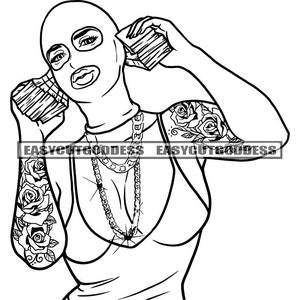 Puede incluir: Ilustración en blanco y negro de una persona con una máscara de esquí y sosteniendo fajos de dinero. La persona tiene un tatuaje de rosa en el brazo y lleva un collar.