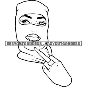 Gangster Girl Ski Mask Burglar Middle Finger Lashes Trendy Gangsta Woman Balaclava Masked Hooded Ghetto SVG PNG JPG Vector Designs Cut Files