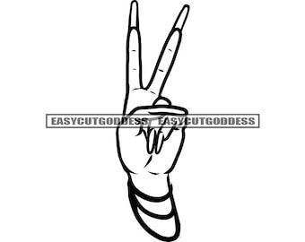 Female Hand Peace Sign Woman Fingers Long Nails Symbol Peaceful Love Gesture Retro Hope Unity Manicure SVG PNG JPG Vector Designs Cut Files