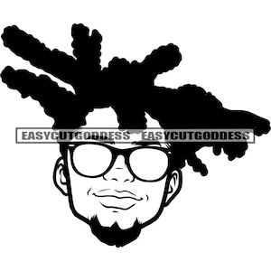 May include: Black and white illustration of a person with dreadlocks wearing sunglasses. The person has a goatee and a relaxed expression.