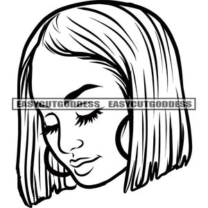 白人女性の顔のポートレート、長いまつげ、化粧、ショートボブ、ブロンドの髪、フープイヤリング、目を閉じた SVG PNG JPG ベクター デザイン カット ファイル