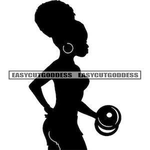 May include: Silhouette of a person lifting a weight. The person has short, curly hair and is wearing a tank top. The weight is a black dumbbell.