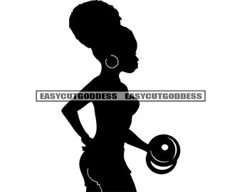 Afro Black Woman Lifting Weights Puff Hair Dumbbell Strong Healthy Fit Body Curves Slim Woman Silhouette SVG PNG JPG Vector Design Cut Files