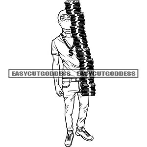 May include: Black and white illustration of a person in a balaclava, t-shirt, and jeans, with stacks of money around the neck. A dollar sign pendant hangs from a chain. The text "EASYCUTGODDESS" is displayed.