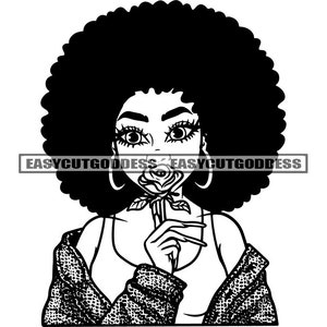 Wunderschönes Afroamerikaner Frau Portrait Duftende Rose Blume Feminine Afro Haar Melanin Nubian SVG PNG JPG Vektor Designs Schneidedateien
