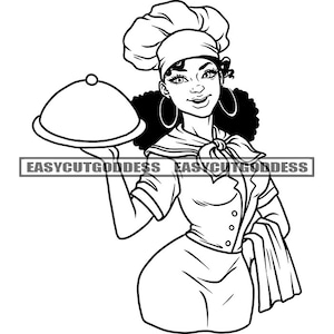 May include: Black and white line art illustration of a chef wearing a chef's hat and holding a serving tray. The chef has curly hair and is smiling.