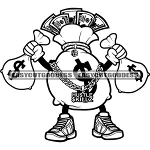 Money Bag Cartoon Character Carrying Money Stacks Dollar Hustle Dinero Cash Bank Grind Hustler Husting SVG PNG JPG Vector Designs Cut Files