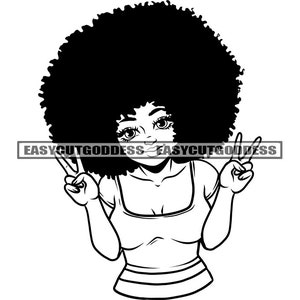 May include: Black and white line art illustration of a woman with an afro hairstyle making the peace sign with both hands.  EASYCUTGODDESS is written in the background.