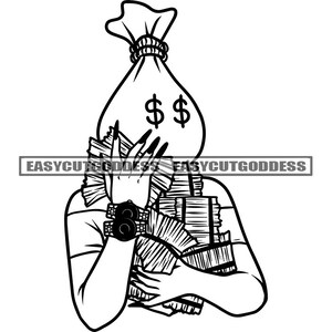 Money Bag Head Cartoon Character Hustler Woman Money Stacks Watches Bragging Dope Street Girl Rap SVG PNG JPG Vector Design Cutting Files