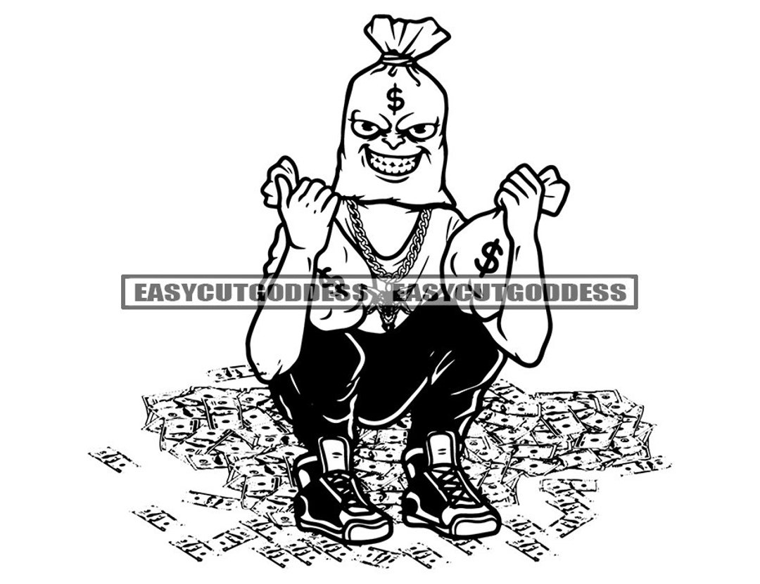 Gangster Money Bag Head Man Cartoon Character Bragging Showing off