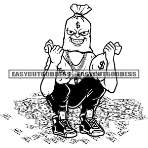 Gangster Money Bag Head Man Cartoon Character Bragging Showing Off Money Bags Dollar Cash Bank Dope SVG PNG JPG Vector Designs Cutting Files