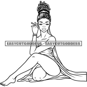 May include: Line art illustration of a woman with dreadlocks sitting with her legs crossed and a draped cloth. She is looking down with her eyes closed.