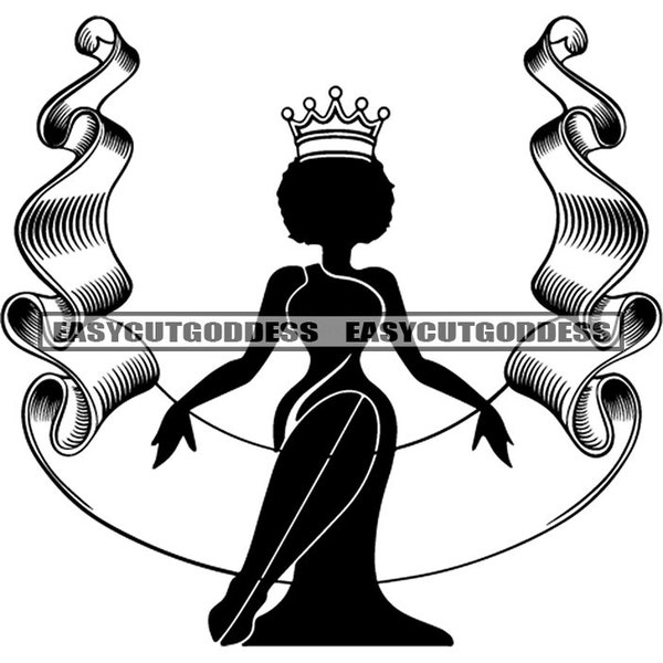 Afro Woman Queen Crown Ribbon Silhouette Majesty Royal Highness Black African American Female Melanin SVG PNG JPG Vector Designs Cut Files