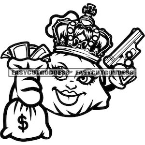 Gangster Woman Money Bag Personagem de desenho animado Queen Crown Money Bag Segurando Revólver Chefe Lady Dope Girl SVG PNG JPG Desenhos vetoriais Arquivos cortados