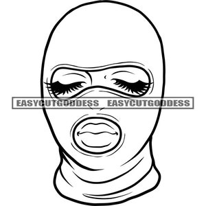 Street Ghetto Girl Ski Mask Burglar Intruder Danger Gangster Mugger Masked Hooded Long Eyelashes Mafia SVG PNG JPG Vector Designs Cut Files