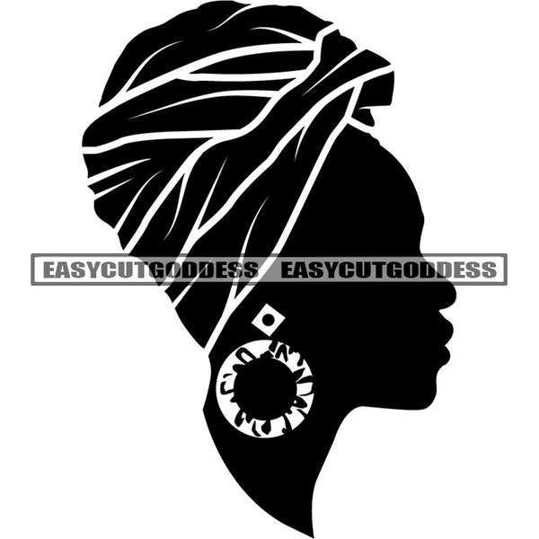 Black Woman Head Silhouette Turban Hoops Earrings Traditional Headscarf African Head Wrap Culture Female SVG PNG JPG Vector Design Cut Files