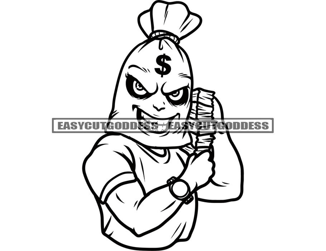 お金袋の頭を持つ男のキャラクターが、山積みのお金を持って自慢げにハッスルし、現金を貯める、皮肉な邪悪な笑顔、SVG、PNG、JPG ベクター  デザイン、カット ファイル - Etsy 日本