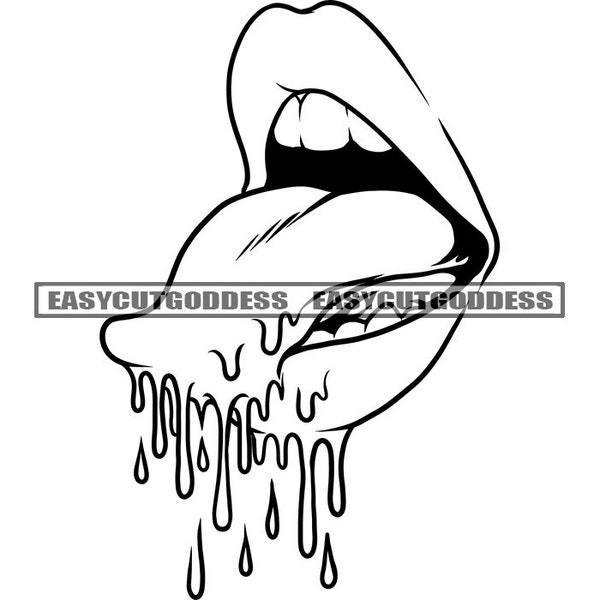 Woman Lips Dripping Mouth Open White Teeth Tongue Closeup Glossy Juicy Lips Lipstick Detailed Plump SVG PNG JPG Vector Designs Cut Files