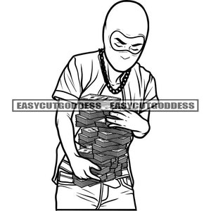 Gangster Man Ski Mask Burglar Holding Big Stack Money Bragging Cash Bank Gold Chain Street Boy Gangsta SVG PNG JPG Vector Design Cut Files