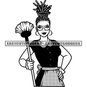 ハウスキーパー 清掃サービス アフロ女性 ロックス ヘア ダスター ロゴ メイド 家事 職業 メイド服 SVG PNG JPG ベクター デザイン カット ファイル