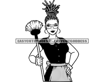 Housekeeper Cleaning Service Afro Woman Locs Hair Duster Logo Maid Housework Occupation Housemaid Uniform SVG PNG JPG Vector Design Cut File
