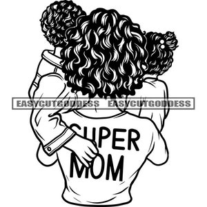 Puede incluir: Ilustración en blanco y negro de una madre con dos hijos. La madre lleva una camiseta que dice "Super Mamá".