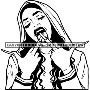 Woman Ghetto Street Girl Middle Finger Wearing Hoodie Long Nails Long Eyelashes Licking Fingers SVG PNG JPG Vector Designs Cutting Files