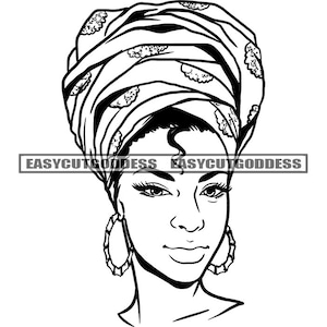 Melanine Mooie Vrouw dragen Hoofdband Tulband Afro-Amerikaanse Hoepel Oorbellen Nubisch Zwart Meisje Magic SVG PNG JPG Vector Ontwerpen Snijden Bestanden