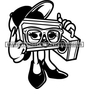 Boombox Rádio Personagem de desenho animado feminino Ouvindo música Chapéu de beisebol Salto alto Dope Girl Hip Hop Rap SVG PNG JPG Desenhos vetoriais Arquivos cortados