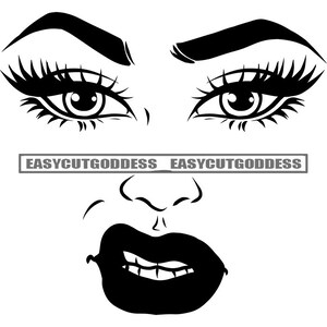 Woman Mean Face Expression Long Lashes Eyelashes Black Lips Lipstick Cosmetic Green Eyes Female Head SVG PNG JPG Vector Designs Cut Files