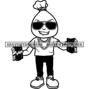 Money Bag Man Cartoon Character Money Stacks Sunglasses Dollar Hustle Dinero Cash Bank Grind Hustler SVG PNG JPG Vector Designs Cut Files