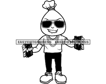 Money Bag Man Cartoon Character Money Stacks Sunglasses Dollar Hustle Dinero Cash Bank Grind Hustler SVG PNG JPG Vector Designs Cut Files