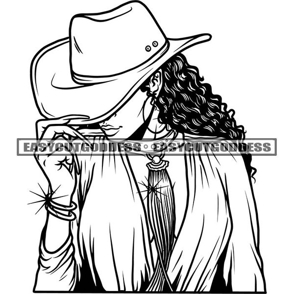 Cowboy Girl Cowgirl Western Rodeo Texas Vintage American Ranch Retro Country Style Curly Hair Leather Hat SVG PNG JPG Vector Cut Files