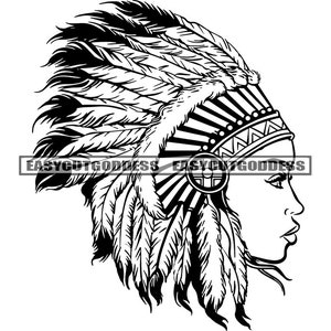 Op de afbeelding: Zwart-witte lijntekening van een persoon met een verenhoofdtooi. De persoon kijkt naar rechts en heeft lang haar. De hoofdtooi heeft een kralenband en een verenpatroon.