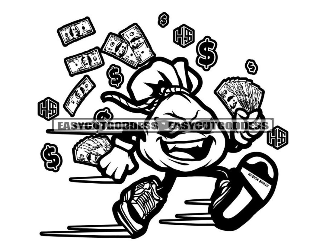 Money Bag Cartoon Character Running Holding Money Dollar Hustle Dinero